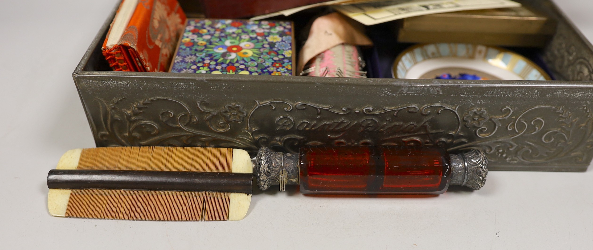 A 19th century ruby glass double ended scent bottle, two European and two Japanese fans, two Turkish embroideries, a tortoiseshell card tray possibly with gold mount and mixed collectables